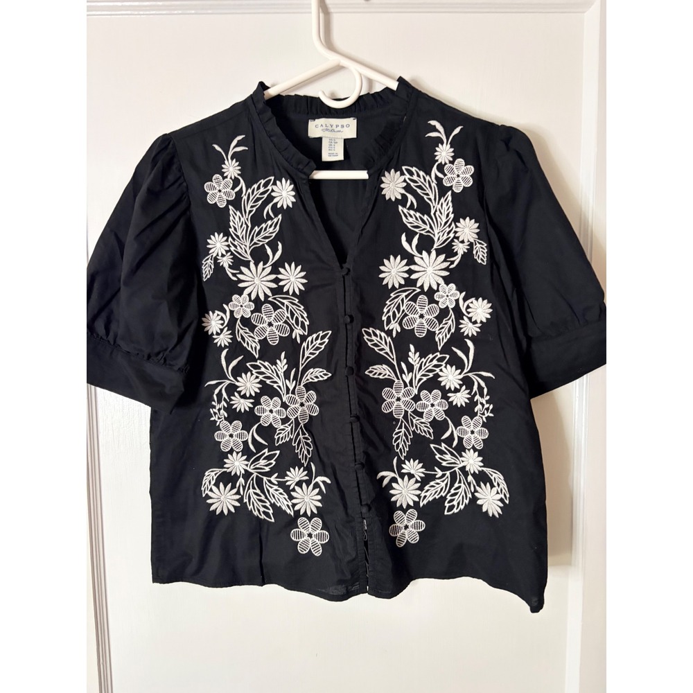 Calypso St Barth Black Floral Embroidered Cotton Blouse Ruffle Neck Small